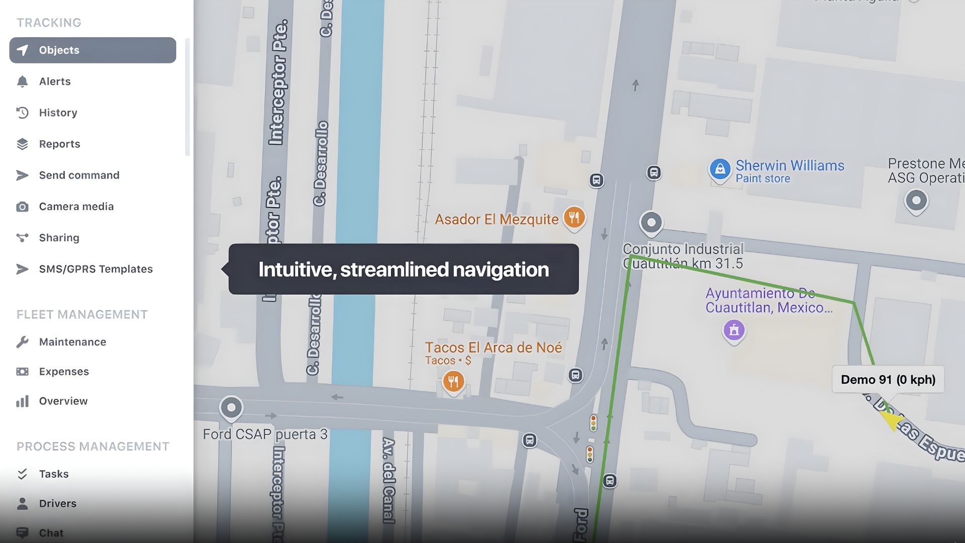 Real-time asset tracking map interface showing GPS locations and navigation
